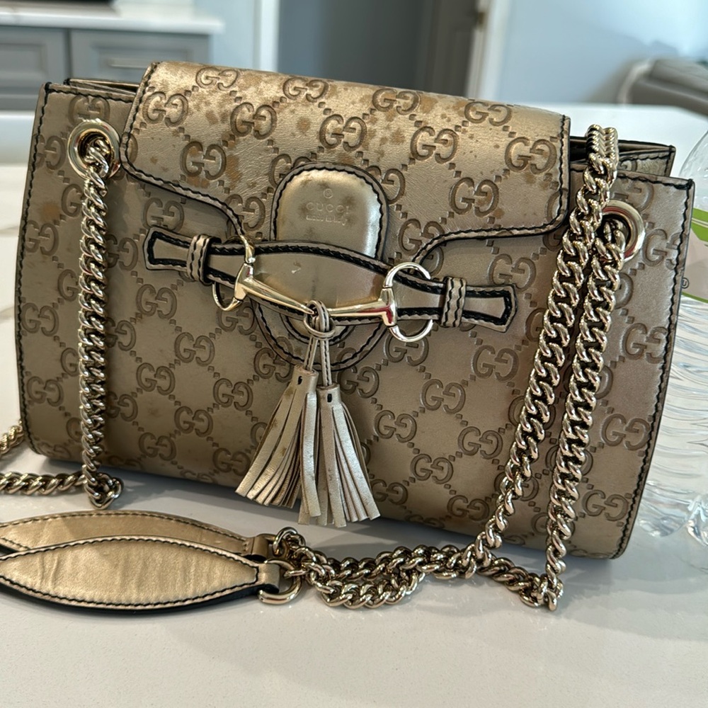 Authentic Gucci Gold Guccissima Leather medium Emily Chain Shoulder Bag
